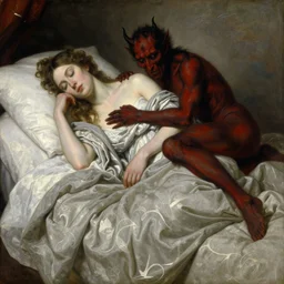 a beautiful painting of a woman sleeping on bed and a demon sitting on her chest by ditlev blunck