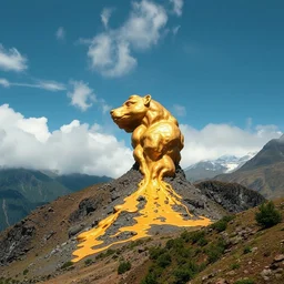 color photo of a massive liquid gold sculpture in ecuadorian mountains. photography by werner herzog