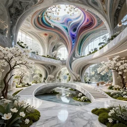 futuristic sharp focus biophilic granite smooth villa interior secret garden, arches, bridges, fluid fractal scifi surreal, magnolia stone nebula fluid colorful architecture landscape, highly detailed, white flowers, marble, moss, vincent callebaut composition, mamou - mani, cinematic morning light, 8 k, unreal engine, uhd
