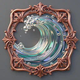 Art Nouveau cresting oil slick waves, hyperdetailed bubbles in a shiny iridescent oil slick wave, ornate copper patina medieval ornament, rococo, oganic rippling spirals, octane render, 8k 3D