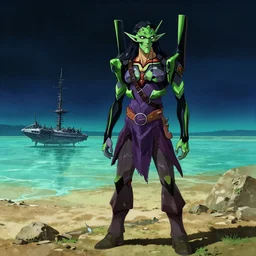 a green tiefling pirate stands beside his wrecked spelljammer at the bottom of a dried - up lake in a turquoise desert beneath a starless night sky, evangelion, kyoto animation still, intricately detailed features, digital painting, yoshiyuki sadamoto
