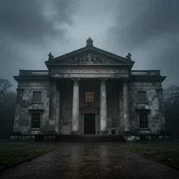 lomo photo of museum, ominous, foggy, scary,