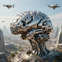 cult of technology, metal brain!!, exterior, scifi, machines, artificial intelligence, ribbon chapel, ultra realistic, highly detailed, futuristic landscape, beautiful city, futurism, drone point of view, atmosphere, sunny day, masterpiece, epic lighting, highlights, year 2 0 4 0, cinematic, art by jan urschel and neil blevins