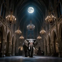 large gothic hall with large chandeliers under the ceiling, horror movie, moonlight, elephant in the room