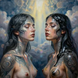 two female bodies melting liquid acrylic painting abstract in glass and black latex fluid, hypperrealistic, bokeh, long exposure, close up portrait, epic light, clouds, god rays, heaven, art noveau, artistic sketch, voronoi pattern, film still, body painting and tattoo,