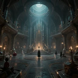 Gothic spaceship interior, kim jung gi style, Greg Rutkowski, Zabrocki, Karlkka, Jayison Devadas, trending on Artstation, 8K, ultra wide angle, zenith view, pincushion lens effect