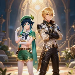Venti and Diluc posing in a final fantasy like background