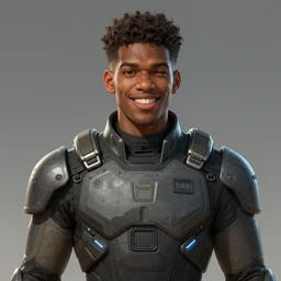 Portrait of a man by Greg Rutkowski, he is about 20 years old, black, french, short curly hair, young, manly, attractive, strong, joking and friendly attitude, brother vibes, he is wearing futuristic military fatigues, highly detailed portrait, scifi, digital painting, artstation, concept art, smooth, sharp foccus ilustration, Artstation HQ