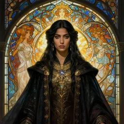 masterpiece head-on symmetrical centered painted portrait, Mais Hamdan as a mage, Elden Ring class, black hair, indian, glorious, wearing wizard robes, glowing stained glass backdrop, elegant, in the style of Ruan Jia and Artgerm and Edgar Maxence and Ross Tran and Alphonse Mucha and Ayami Kojima and Charlie Bowater and Greg Rutkowski and Karol Bak and Jean Delville, Art Nouveau, Pre-Raphaelite, Neo-Gothic, gothic, Art Nouveau, rich deep moody colors, 8k, specular highlights, octane render