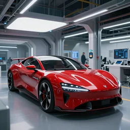 kama russian electrocar, inside futuristic car plant, red car, sharp focus, ultra realistic, ultra high pixel detail, cinematic, intricate, cinematic light, unreal engine 8 k, 8 k, epic, intricate, volumetric lighting, trending on artstation