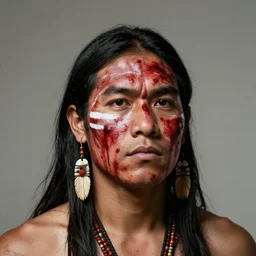 head and shoulders portrait of a tupi guarani warrior, male, blood, indigenous war face painting, high fantasy, dnd, by wlop, luis royo, artgerm