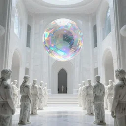 simplicity, sci fi white temple, sculpture of a holographic iridescent luminescent single sphere floating, marble sculptures of a crowd people surrounding, by moebius, by simon stalenhag, by andrew jones, ethereal, cinematic, 8 k, volumetric lighting,