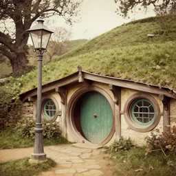 the shire in victorian style with gas lanterns and hobbit holes, photography, vintage photo, faded colors