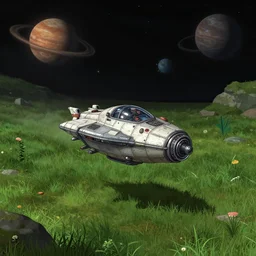 a small spaceship, that has landed on a grass field, on an alien planet, from a space themed point and click 2 d graphic adventure game, set design inspired slightly by hg giger and tomb raider, art inspired by [ thomas kinkade ] and mark keathley and greg rutkowski