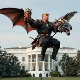 a viking flies aboard a dragon holding the severed head of donald trump, over the white house, highly detailed, 8 k