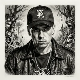 grunge drawing of eminem by - Zdzisław Beksiński , loony toons style, horror themed, detailed, elegant, intricate