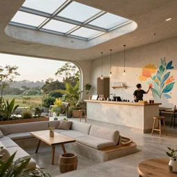 inside luxurious earthship cafe with sunken lounge and indoor garden with skylights, friendly barista, and artist painting a calming mural on the wall, clean and simple composition, golden ratio, rule of thirds, XF IQ4, 150MP, 50mm, F1.4, ISO 200, 1/160s, dawn