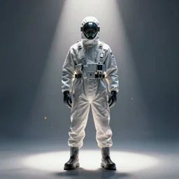 scientist in biohazard suit, fashion, render, volumetric light, artstation, fine details, digital art, symmetrical, dramatic light, particle in air