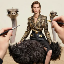 close up of face of fashion model sitting on ostrich, official versace tutorial, highly detailed