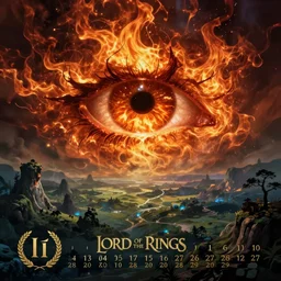 a great eye, wreathed in flame looking out across a vast fantasy landscape, by alan lee, digital art, lord of the rings calendar