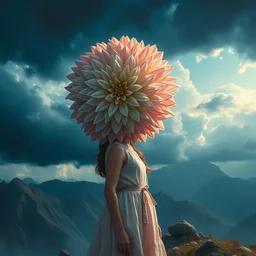 portrait girl with giant dahlia flower as head, standing on mountain, surreal photography, blue storm clouds, dramatic light, impressionist painting, digital painting, artstation, simon stalenhag