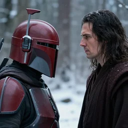 a mandalorian with a red and grey helmet facing a long dark haired jedi man, from side view close up, in a snowy forest setting, hard edges concept art, highly detailed, great cinematic lighting, depth of field, art by greg rutkowski, trending on artstation