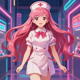 anime style, vivid, expressive, full body, 4 k, painting, a cute magical girl with a long wavy hair wearing a nurse outfit, correct proportions, stunning, realistic light and shadow effects, neon lights, studio ghibly makoto shinkai yuji yamaguchi