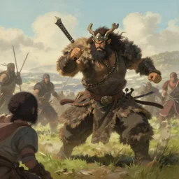 a barbarian overlord charging an enemy, painting by Craig Mullins, octane rendering, soft morning lighting, wide angle lens, in the style of Hayao Miyazaki, trending on artstation,