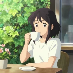 anime visual of a woman drinking coffee at a outdoor cafe, lush overgrowth, ivy, foliage, flowers, cute face by ilya kuvshinov, makoto shinkai, kyoani, masakazu katsura, dynamic pose, crisp and sharp, yoshinari yoh, gelbooru, danboor, rounded eyes, anime poster, cel shaded