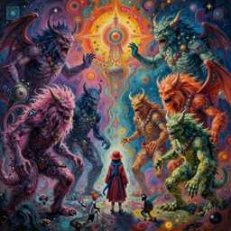 a high hyperdetailed painting of the war between the monsters of reason vs the monsters of imagination, the merging of determined and undetermined worlds horror and spiritual fantasy creatures, as dichotomies are broken in search of elevation psychedelic surreal magical dystopian technological utopian psycho spiritual art, anarchist art chaotic fulcolor