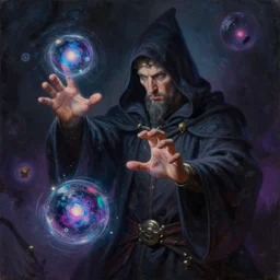 an epic painting of the wizard in the hood, making hand passes to create new time and space, dark, mystic, neon lights, oil on canvas, perfect composition, golden ratio, beautiful detailed, photorealistic, digital painting, concept art, smooth, sharp focus, illustration, artstation trending, octane render, unreal engine