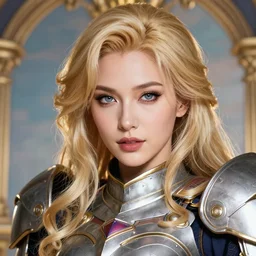 studio portrait of lawful good colorful female holy mecha paladin absurdly beautiful, elegant, mature blonde gravure idol, ultrafine hyperrealistic detailed face illustration by kim jung gi, highly detailed faces, intricate linework, focus, bright colors, matte, octopath traveler, unreal engine 5 highly rendered, global illumination, radiant light, intricate environment