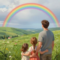 dad. mom. kids. a happy familly looking at a distant rainbow. green valley horizon. intricate, elegant, highly detailed, digital painting, artstation, concept art, sharp focus, illustration, by justin gerard and artgerm, 8 k