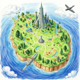 futuristic fantasy island map, drawn with crayons, detailed