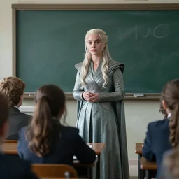 Daenerys Targaryen from game of thrones as a teacher in school.