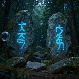 forest scenery with ancient stones and boulders with symbols on them that are glowing blue, bubbles floating in the forest, ambient lighting, digital matte painting by loish and by lotusbubble, 8 k dop dof hdr