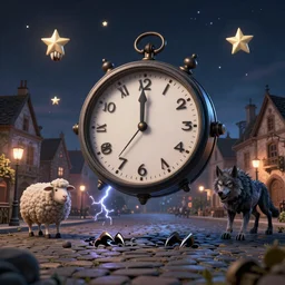 clock striking 1 2 floating in the sky, stars with human teeth, sheep amd evil wolf in picturesque town square, claws coming off the cobblestones, midnight scene, detailed, 3 d, intricate details, gothic, by vincent di fate, artgerm, smooth gradients, octane render, 8 k, volumetric lightning, high contrast, depth of field