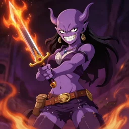 rapier - wielding orc girl drawn by eiichiro oda | burning rapier | full color | dim purple orcish skin | swashbuckler outfit | orc | orc | cute jutting teeth | swashbuckler orc | anime