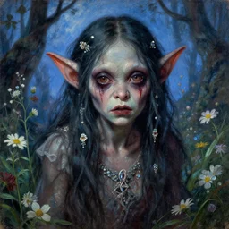 a pretty but sinister and creepy goblin in layers of fear, with haunted eyes, violence in her eyes, 1 9 7 0 s, seventies, delicate embellishments, a little blood, woodland, blue dawn light shining on wildflowers, painterly, faded, offset printing technique, by walter popp, alexandre cabanel