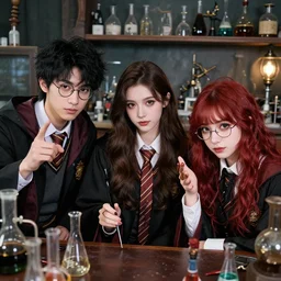 Three friends working in a magic laboratory, one of the friends is a young man with black hair and round glasses, the second friend is a beautiful young woman with brunette hair, the third friend is a cute goth girl with red hair without glasses, wide angle photography, highly detailed and intricate, color theory, magic laboratory setting, soft lighting, high resolution photograph