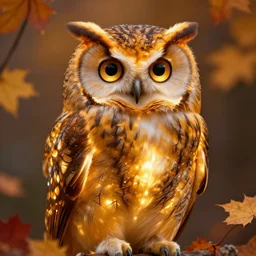 radiant owl, glowing amber, autumn colours, highly detailed, digital art, sharp focus, trending on art station