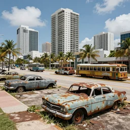 wide angle shot of dilapidated fallout 5 miami, tropical coastal city in real life, desolate, dilapidated, some rusted retro futuristic vintage parked vehicles like cars, buses, trucks, trams, sunny weather, few clouds, volumetric lighting, photorealistic, daytime, spring, sharp focus, ultra detailed,