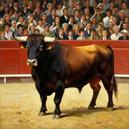 scene of bullfight, by goya, oil painting, high contrast, detailed, the bull stands proudly and still, as if the crowd is there to admire it, masterpiece, vibrant colors