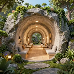 secret overwatch hallway for living quarters carved inside a mountain surrounding a lush garden, trimmed, magical, natural light, cozy, fantasy, minimalist architecture, sharp focus, concept art, by greg rutkowski and craig mullins,, octane render 8 k