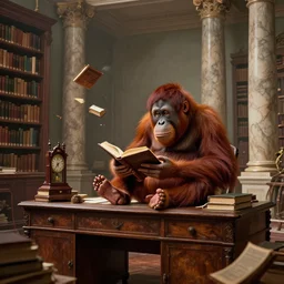 long shot, whole room view, orangutan known as the librarian sitting on antique desk, holding open book using his feet, books flying from small bookshelves, grandfather clock, tall marble columns in the background, epic, master, illustration, concept art, detailed, dynamic lighting, 4 k