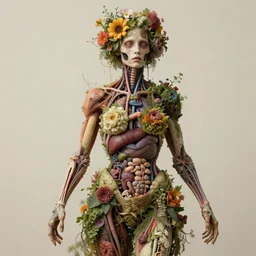 beautiful and detailed rotten woman made of plants and many different types of flowers, muscles, intricate, organs, ornate, surreal, john constable, guy denning, dan hillier
