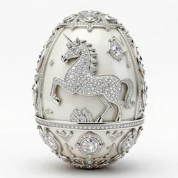 a high resolution macro photo of faberge egg of the unicorn with diamonds 💎 and white gold, intricate, ornaments, trending on artstation