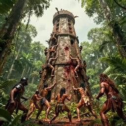 editorial photo of tower in the  jungle, armored  warriors and  Amazon climbs and fight, epic,three point perspective, vintage, blood, slight inspiration of Boris vallejo and  apocalypto, war photography