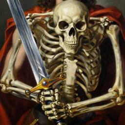 close - up detail scene of skeletor, oil painting, high contrast, detailed, he holds the sword of power, masterpiece, vibrant colors, by goya, velazquez, greco