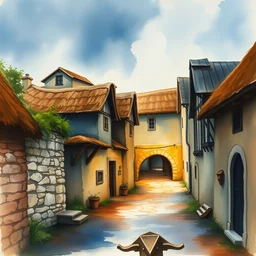 abstract watercolor painting of village street, bailey ring wall in stone, medieval straw roof, scandinavian viking age, ambient lighting, art by hans dahl, by jesper ejsing, art by anders zorn, wonderful masterpiece by greg rutkowski, cinematic light, american romanticism by greg manchess, creation by tyler edlin